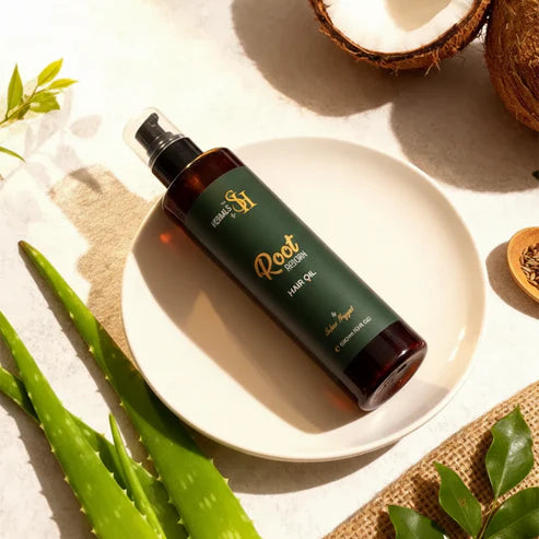 Herbals by SH 300ml hair oil bottle placed on a white plate with coconut.