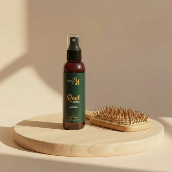 Herbals by SH natural hair oil bottle and wooden brush on a round board.