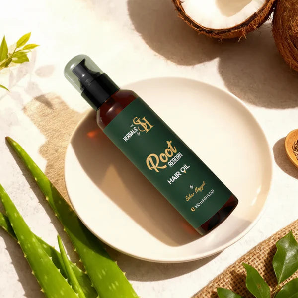 Herbals by SH natural hair oil bottle with aloe vera and coconut.