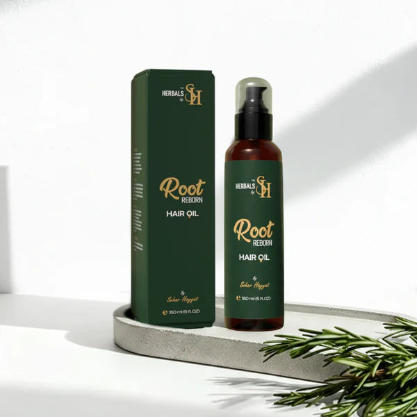Herbals by SH Root Reborn hair oil bottle and green packaging box.